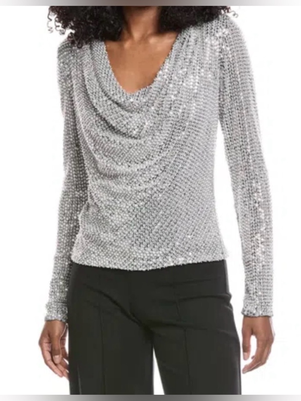 Ramy brook Silver Sequin Drape-Neck blouse. EUC.